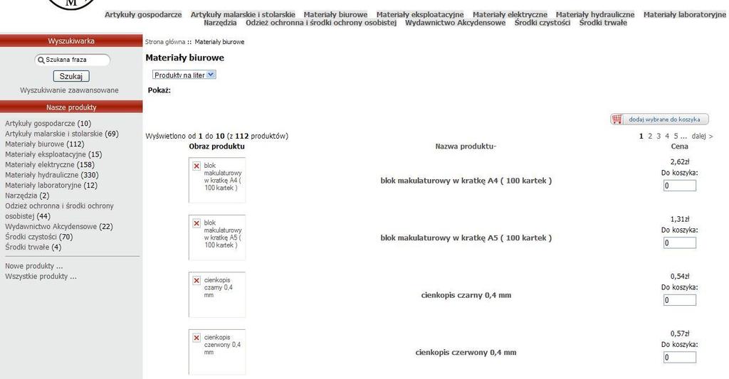 Po wybraniu interesującej nas kategorii strona wyświetli listę produktów. Produkty wyświetlane są w kolejności alfabetycznej, po 10 na stronie.