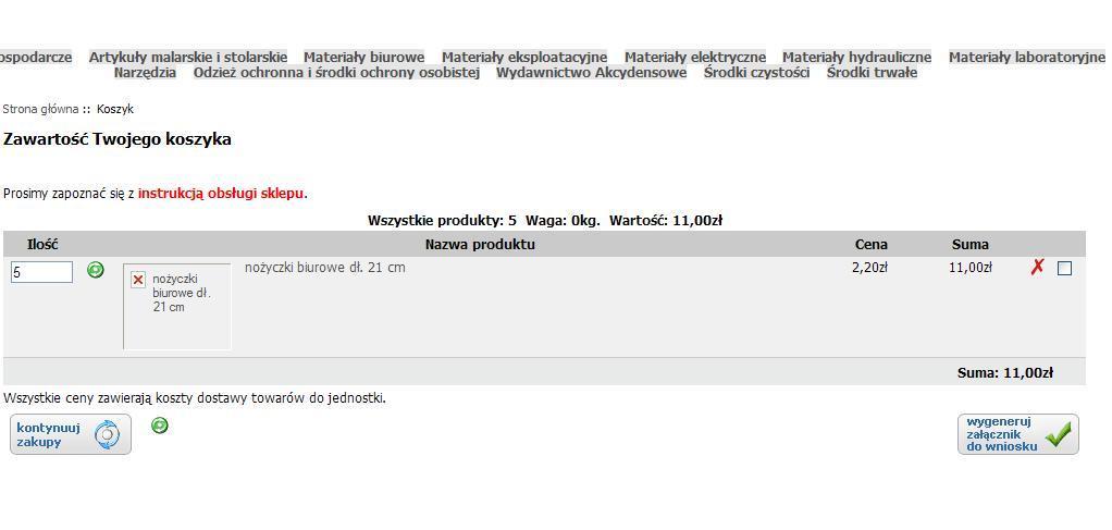 Strona prezentująca koszyk wyświetla ilość produktów, zdjęcie, nazwę, cenę oraz sumę należności za produkt (cena * ilość).