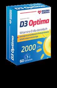 D3 Optima D3 Optima 1000 polecany dla osób dorosłych jako uzupełnienie codziennej diety w witaminę D, szczególnie w okresie jesienno-zimowym. D3 Optima zawiera 2000 j. m.