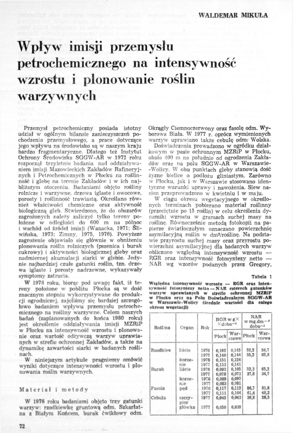 WALDEMAR MIKUŁA Wpływ imisji przemysłu petrochemicznego na intensywność wzrostu i plonowanie roślin warzywnych Przemysł petrochemiczny posiada istotny udział w ogólnym bilansie zanieczyszczeń
