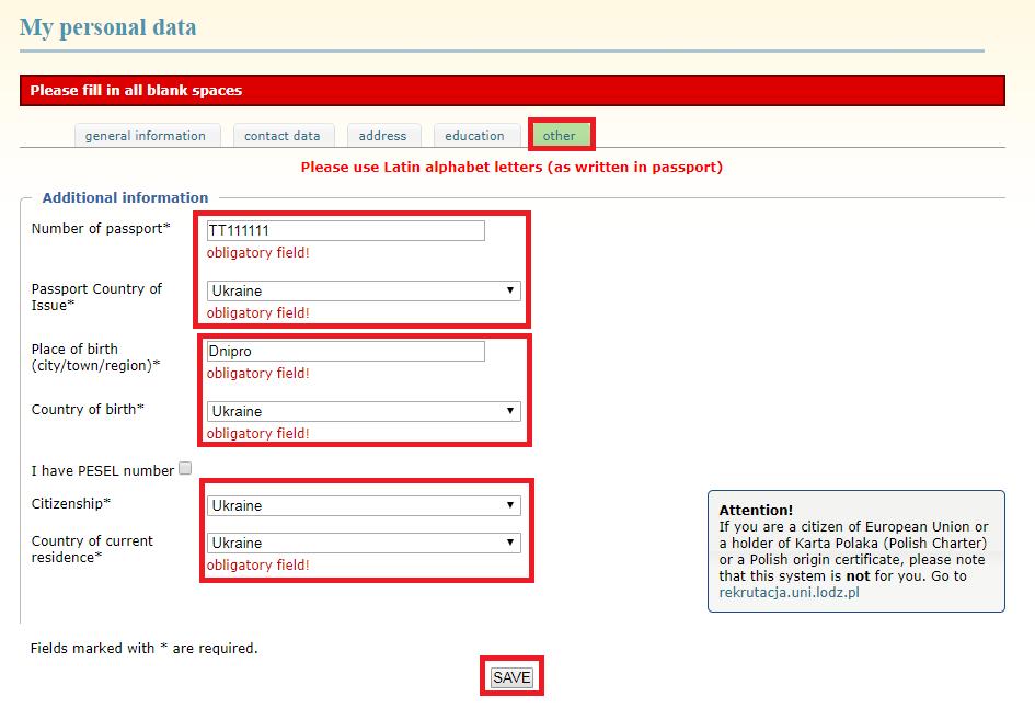 10) Wpisz numer paszportu i kraj, w którym został wydany.