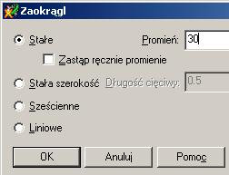 8. Zaokrąglanie krawędzi Polecenie: Kliknij polecenie Zaokrąglenie oznaczone ikoną: Ustal parametry zgodnie z oknem dialogowym Promień: 30 Wybierz krawędzie: kliknij krawędzie AE,BF, CG, DH (rys.