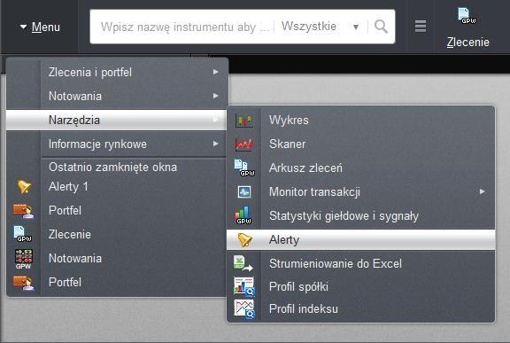 ROZDZIAŁ XII. ALERTY 1. OPIS OKNA Narzędzie Alerty umożliwia definiowanie własnych alertów, czyli tzw. alarmów pozwalających na bieżące monitorowanie stanu poszczególnych instrumentów.