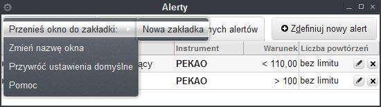 : Przenieś okno do zakładki opcja umożliwia przeniesienie okna do innej zakładki dostępnej na liście, Zmień nazwę okna możliwość edycji nazwy okna.