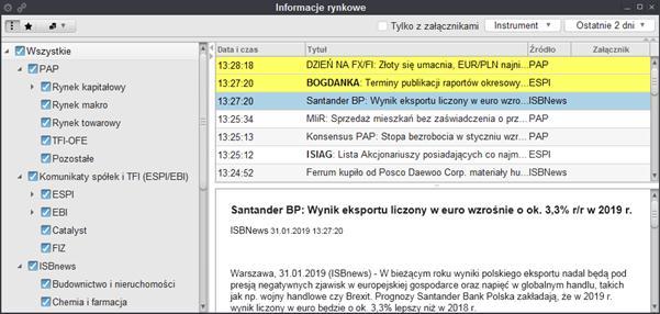 zakresu czasu filtr umożliwiający wybranie przedziału czasu, dla którego będą wyświetlane informacje rynkowe. Domyślnie wyświetlane są wiadomości rynkowe z ostatnich 2 dni.