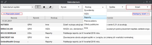 Rys. 239. Widok prezentujący kalendarium spółek. Kalendarium prezentowane jest w tabeli złożonej z następujących kolumn: Nazwa nazwa spółki, której dotyczy wydarzenie.