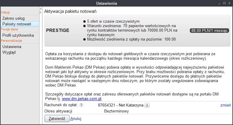 Rys. 254. Zatwierdzenie wybranego pakietu notowań. Po potwierdzeniu wyboru przyciskiem Zatwierdź (Rys. 254), pakiet notowań zostanie od razu aktywowany.