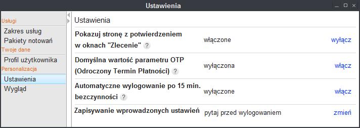 Rys. 72. Włączanie / wyłączanie wyświetlania się strony potwierdzenia przy składaniu zleceń w opcji Ustawienia w oknie Ustawienia. 5.