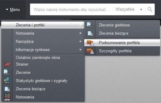 ROZDZIAŁ V. PORTFEL INWESTYCYJNY 1. OKNO PORTFEL Okno Portfel przedstawia stan aktywów oraz środków pieniężnych posiadanych na aktywnym rachunku inwestycyjnym.