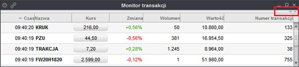 Rys. 138. Przykładowy widok okna Monitor transakcji z ukrytym paskiem do zarządzania zawartością (kliknij na strzałki zaznaczone czerwoną ramką aby odkryć pasek do zarządzania). 3.1.1. LISTA DO ZMIANY WIDOKU Lista do zmiany trybów widoku składa się następujących opcji (patrz Rys.