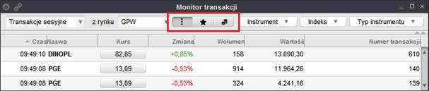 3.1.3. PRZYCISKI DO ZMIANY LISTY INSTRUMENTÓW Przyciski widoczne na Rys. 142. umożliwiają wyświetlanie transakcji w tabeli według jednego z trzech kryteriów. Rys. 142. Przykładowy widok okna z wyróżnionymi czerwoną ramką trzema przyciskami do zmiany listy instrumentów.
