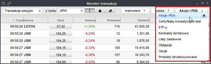 Akcje i PDA (aktywny filtr Typ instrumentu ).