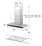 668 m 3 /h klasa B 3 prędkości funkcja Booster timer sterowanie dotykowe wyświetlacz niebieski LED 2 filtry aluminiowe oświetlenie 2 x 2,5 W LED poziom głośności: 70 db (A) wydajność: 670 m 3 /h
