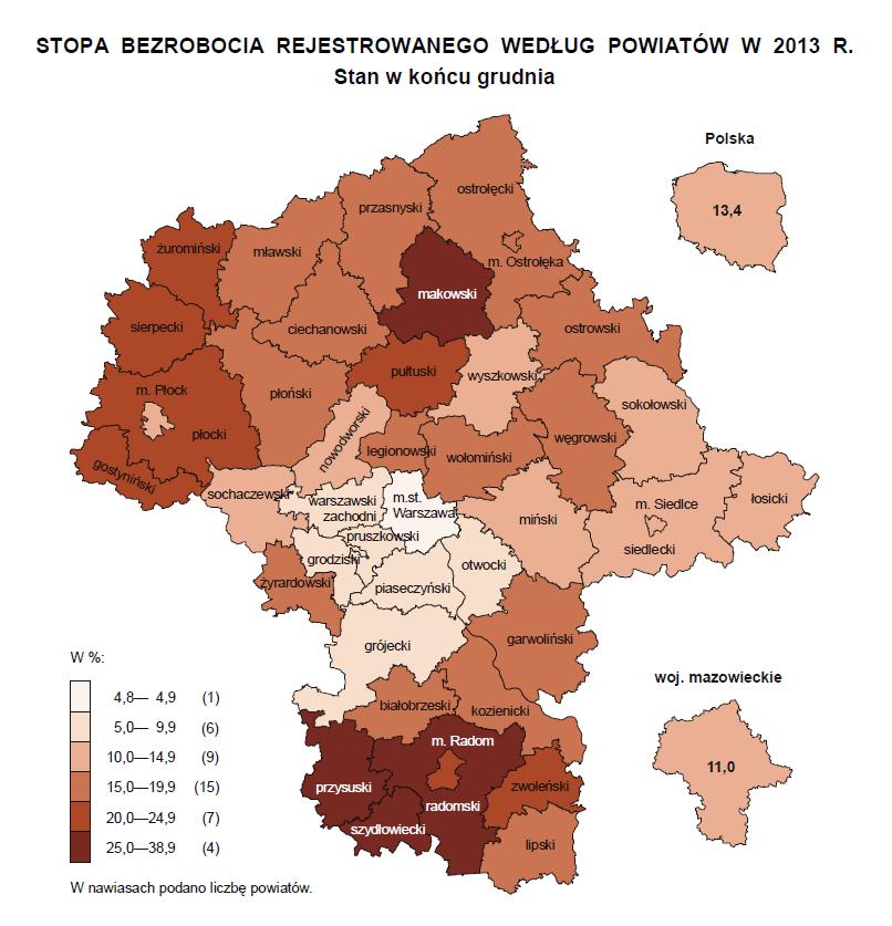 Mapa 1. Stopa bezrobocia rejestrowanego według powiatów w 2013 r. Źródło: Komunikat o sytuacji społeczno gospodarczej województwa mazowieckiego w grudniu 2013 r.