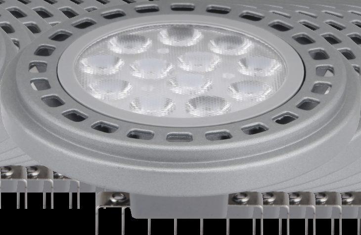 LED AR111 energooszczędna lampa LED ŹRÓDŁA ŚWIATŁA LED OBUDOWA: odlew aluminium KLOSZ: pryzmatyczny, tworzywo sztuczne - Zamiennik tradycyjnej żarowej żarówki reflektorowej typu AR111.