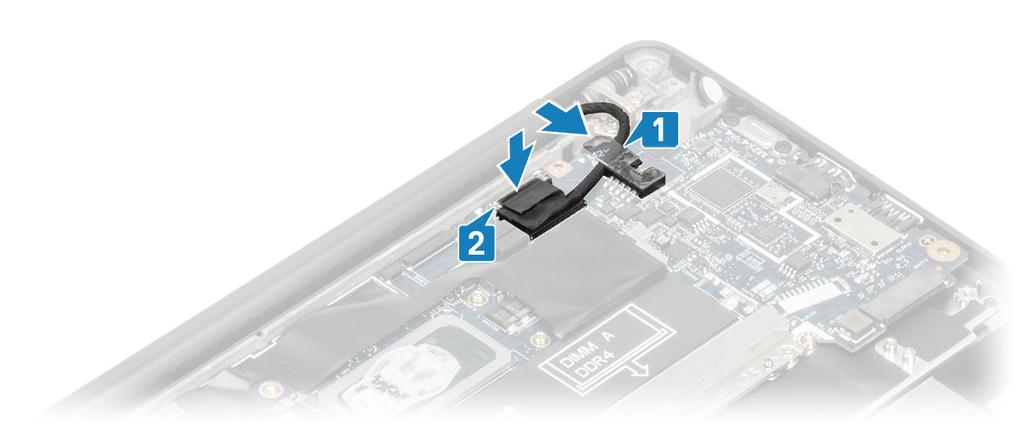 9 Poprowadź kabel wyświetlacza przez metalowy wspornik [1] i podłącz go do płyty systemowej [2].