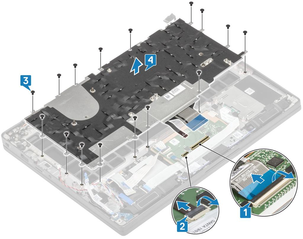 6 Wymontuj kartę sieci WLAN. 7 Wyjmij zestaw radiatora i wentylatora. 8 Wymontuj gniazdo zasilacza. 9 Wymontuj zestaw wyświetlacza. 10 Wymontuj płytę systemową. 11 Wymontuj baterię pastylkową.