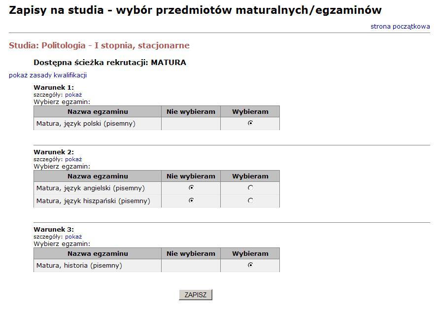 Wybór egzaminów Potwierdź wybór egzaminów (przedmiotów maturalnych)