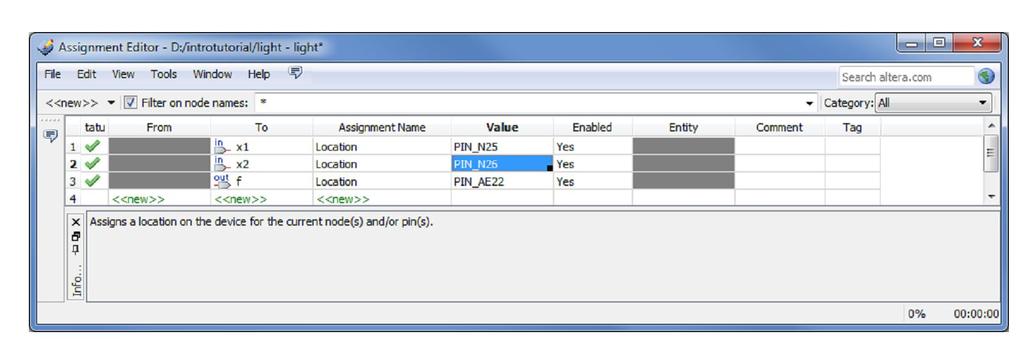 W odpowiadjącej sygnałowi kolumnie Value należy wpisać (uzyskany np. z pliku DE2_pin_assignments.csv lub DE2_70_pin_assignments.