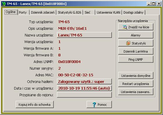 Stan zalogowania (sesja) w urządzeniu jest utrzymywany przez 1 minutę od ostatniej wymiany danych z programem LanWin.