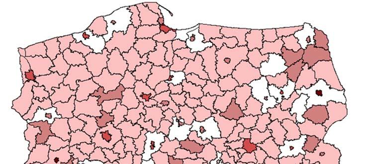 Mapa 19. Liczba porad kardiologicznych udzielonych na terenie powiatu w poradniach danego typu na 1 tys. mieszkańców w 2014 r.