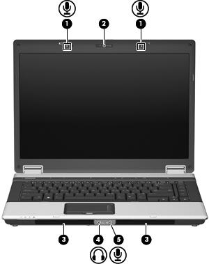 Położenie składników multimedialnych Na poniższej ilustracji oraz w tabeli przedstawiono funkcje multimedialne komputera.