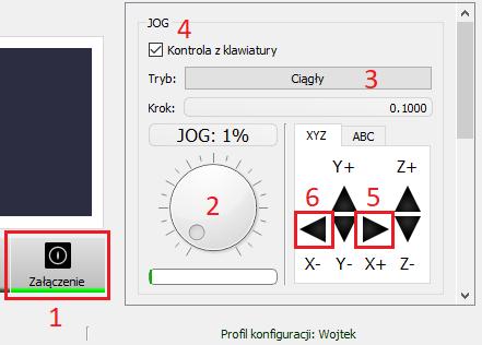 b) Poruszenie osią za pomocą trybu JOG - aby poruszyć osią za pomocą JOG wykonaj następujące kroki: 1. Na głównym ekranie programu simcnc naciśnij przycisk Załącz. 2.