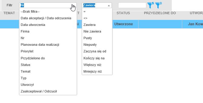 3.4 Filtrowanie zgłoszeń W Helpdesk istnieje możliwość filtrowania zgłoszeń za pomocą: 1.