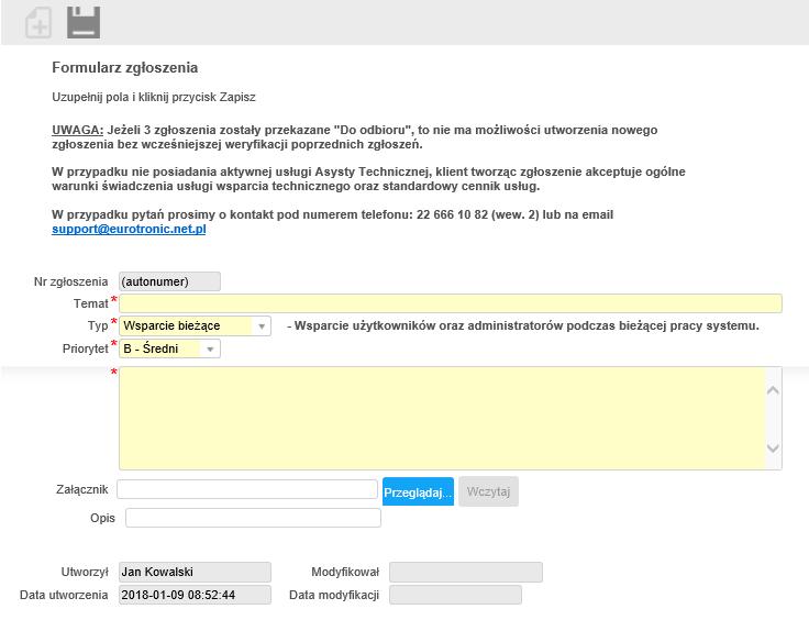 Nr zgłoszenia - pole generowane automatycznie, jest unikalnym numerem nadawanym przez system. Temat - temat zgłoszenia. Skrótowy opis zgłaszanego problemu. Pole mieści tylko 80 znaków.