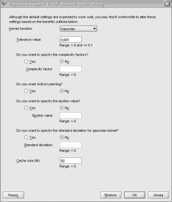16. Kliknij przycisk Options w bloku Build. Przejdź na zakładkę Algorithm Settings. Zmień rodzaj funkcji jądrowej na Gaussowską. Upewnij się, że opcja aktywnego uczenia się jest wyłączona. 17.