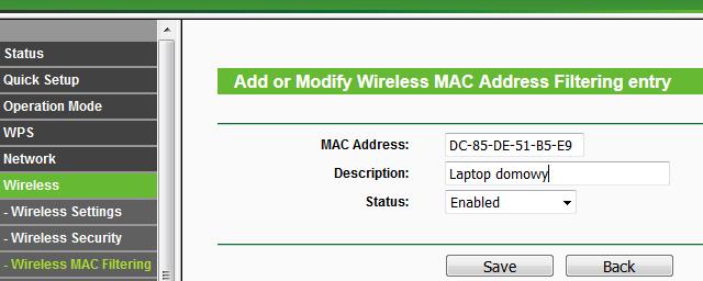 filtrowanie po adresach MAC. Klikamy Add New.