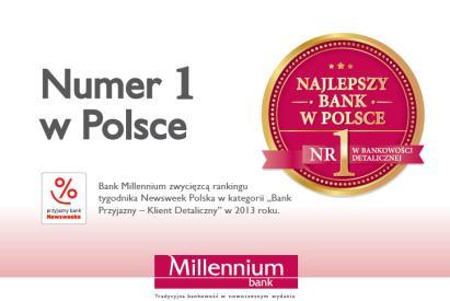 Główne nagrody i osiągnięcia w ostatnim okresie Bank Millennium Bank Przyjazny Klient Indywidualny Bank Millennium 2-gi w rankingu na najlepszą ofertę depozytową i inwestycyjną Bank Millennium