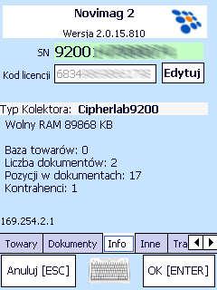 2.6.3 Info Zakładka zawiera informacje o nazwie i wersji programu, numerze seryjnym kolektora oraz kodzie licencji otrzymanym przy zakupie programu.