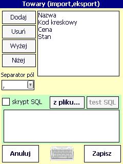 Można ustawić które pola (informacje) będą przesyłane, w jakiej kolejności i wybrać separator.