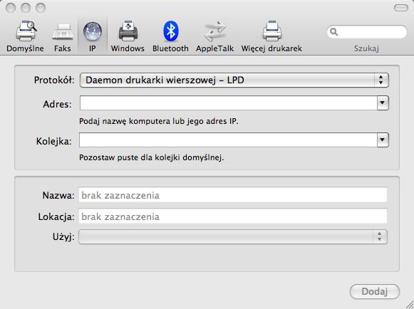 Jeżeli użytkownik kliknie na ikonę AppleTalk w celu ustanowienia AppleTalk, powinien wprowadzić nazwę drukarki.
