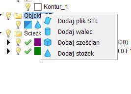 PikoCNC Copyright 2019 PPHU ELCOSIMO 6 Menu na liście folderu obiektów 3D Dodaj plik STL Dodaje obiekt STL z pliku. Pozostałe pozycje dodają proste obiekty.