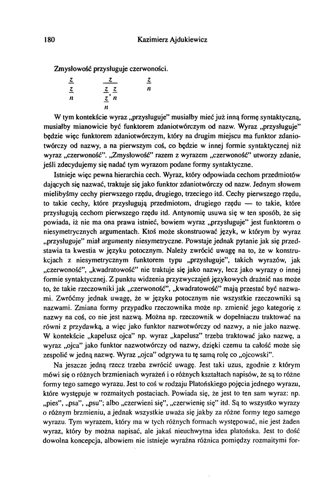 180 Kaimier Ajdukiewic Zmysłowość prysługuje cerwoności. L L n n Z n n W tym kontekście wyra prysługuje musiałby mieć już inną formę syntaktycną, musiałby mianowicie być funktorem daniotwórcym od naw.