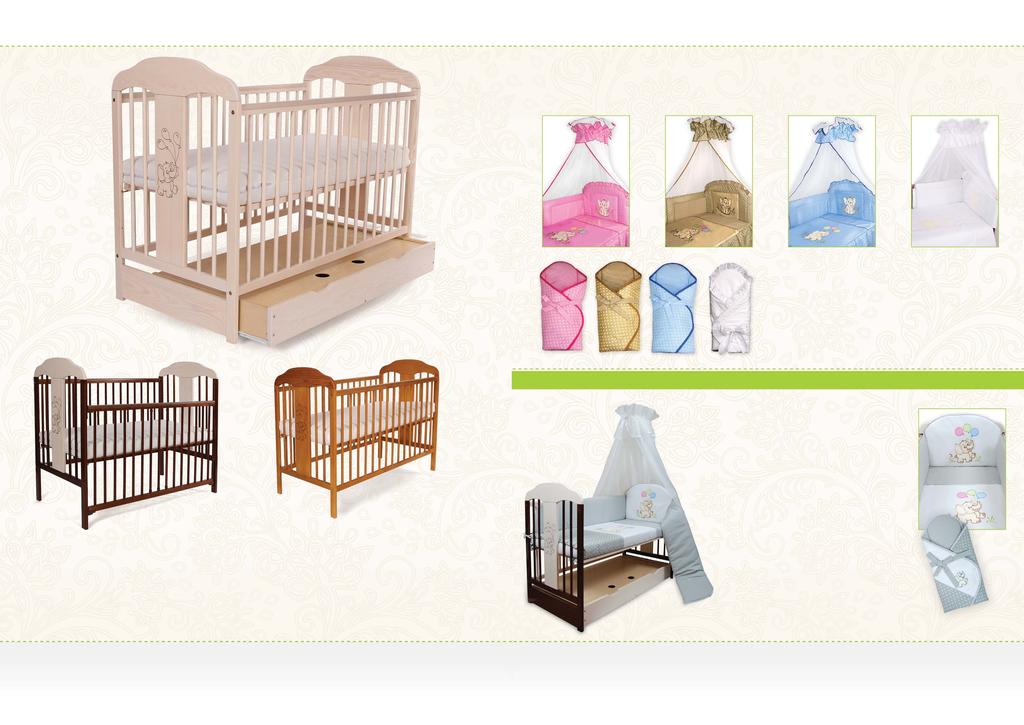 TOMI XIV SŁOŃ KOLEKCJA SŁOŃ Łóżeczko dziecięce/ Children s bed Kolekcja pościeli/ Bedding set 16 ochraniacz 180 cm protector 180 cm różowy 11/16 beż 13/16 niebieski 12/16 biały 14/16 12 TOMI XIV