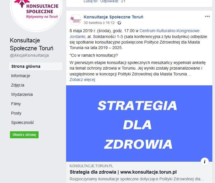 Informacje zamieszczone na fanpage u Konsultacje Społeczne