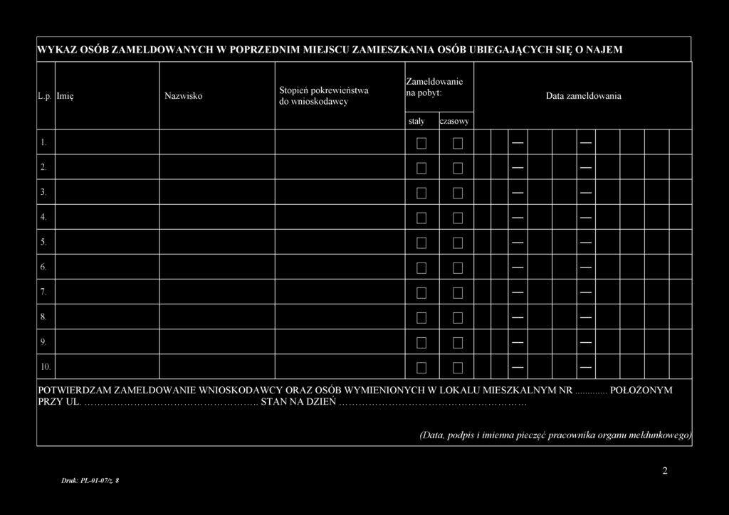 2. 3. 4. 5. 6. 7. 8. 9. 10. POTWIERDZAM ZAMELDOWANIE WNIOSKODAWCY ORAZ OSÓB WYMIENIONYCH W LOKALU MIESZKALNYM N R.