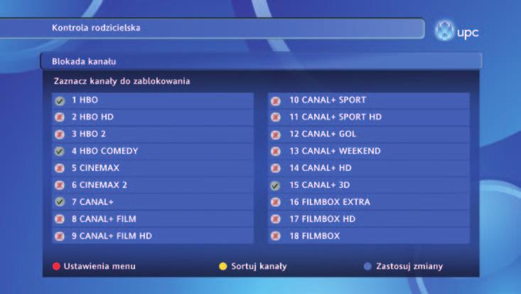 Blokada kanałów telewizyjnych Menu blokady kanałów umożliwia zablokowanie wyświetlania dowolnych kanałów z listy. Zaznaczone kanały będą dostępne jedynie po podaniu hasła dostępu.