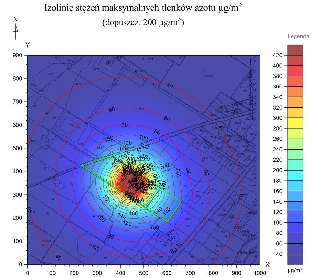 98/128 Najwyższa wartość stężeń jednogodzinnych tlenków azotu występuje w punkcie o współrzędnych X = 479,5 Y = 392,1 m i wynosi 363,5 µg/m3.