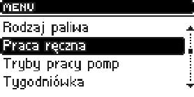 W funkcji tej, każde urządzenie wykonawcze (podajnik, nadmuch, pompa CO, pompa CWU, urządzenie dodatkowe, grzałka, ruszt, stoker) można załączyć lub wyłączyć niezależnie od pozostałych oraz każdy