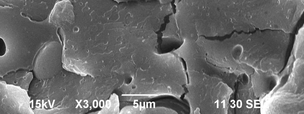 2 Microphotographs SEM of TPS/PLA blends (a) without & (b) with modifier Polimer, % mas Właściwości mechaniczne mieszanin TPS/PLA