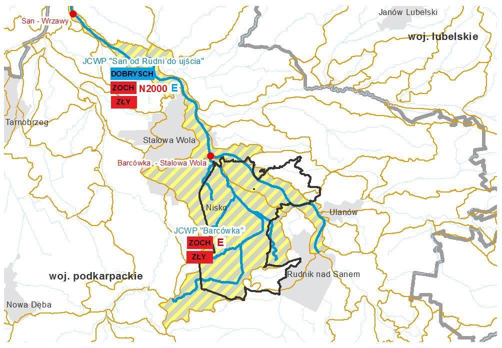 1. JCWP Barcówka (monitorowana w 2013 r.); 2. JCWP San od Rudni do ujścia (monitorowana w latach 2011, 2012 i 2015).