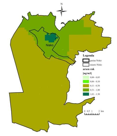 Rys. 1.7. Rozkład stężeń średniorocznych benzenu na terenie gminy Nisko w 2015 r.