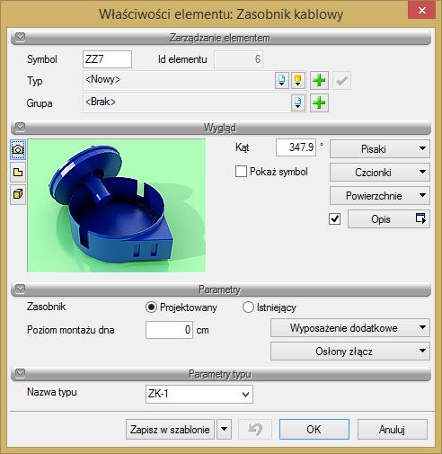 Dla danego obiektu (dotyczy to wszystkich obiektów w programie) możemy za pomocą przycisków w oknie obiektu ustawić jego funkcje edycyjne bądź edytować specyfikacje obiektu i opisy w formie tabel.
