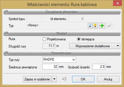 profilu na rurociąg kablowy oraz opcjonalnie definiując ewentualne wyposażenie dodatkowe: Po zdefiniowaniu profilu