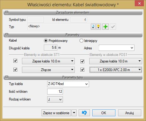 Po wyborze właściwości definiujemy typ kabla (światłowodowy, telekomunikacyjny).