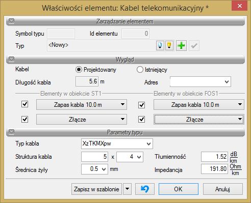 Scenariusz użycia programu przewiduje możliwość zdefiniowania każdego kabla oddzielnie, jak również, przy projektowaniu rozbudowy, wpisania części kabli jako obiekty istniejące lub, w przypadku